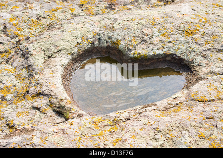 Coeur de granit en pierre avec flaque d'eau et de la mousse Banque D'Images