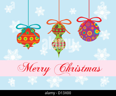 Joyeux Noël Carte postale avec des ornements colorés et les flocons de l'illustration d'arrière-plan Banque D'Images