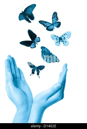 Papillon volant en main concept background Banque D'Images