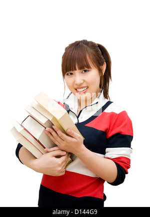 College student girl holding une pile de livres Banque D'Images