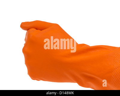 Dans la main tendue poing en orange glove isolated on white Banque D'Images