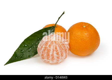 Tangerines fraîches avec des feuilles isolées sur fond blanc Banque D'Images