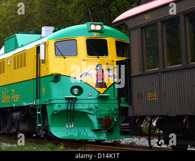 Le jaune et vert de moteur sur le chemin de fer White Pass dans le Yukon Alaska Banque D'Images