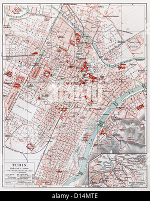 Vintage carte de Turin à partir de la fin du 19e siècle Banque D'Images