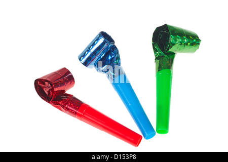 Party Blowers, photo sur le fond blanc Banque D'Images