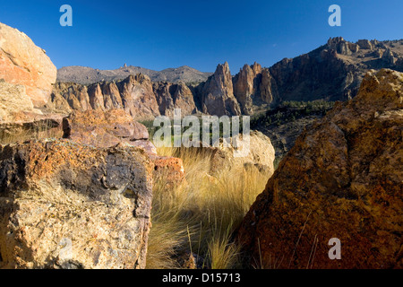 Ou00481-00.....OREGON - flèches rocheuses et les murs de tuf soudé dans le populaire site d'escalade de rochers Smith State Park. Banque D'Images