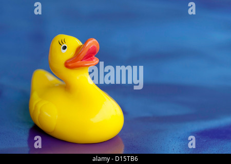 Un canard en caoutchouc jaune souriant, isoltated sur fond bleu Banque D'Images