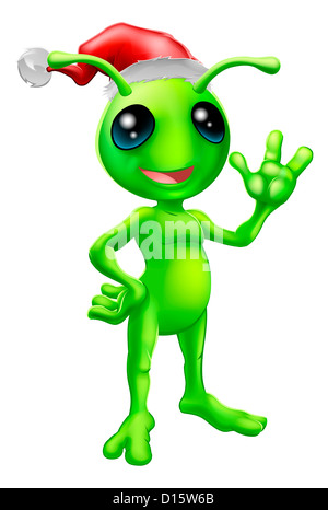 Illustration d'un cute cartoon little green man alien mascot with Santa hat smiling and waving costume Noël Banque D'Images