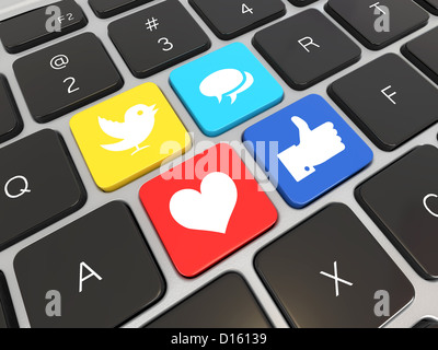 Les médias sociaux sur clavier d'ordinateur portable. Image conceptuelle. 3d Banque D'Images