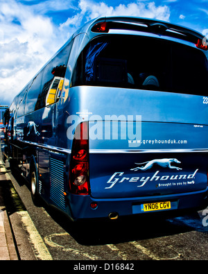 Un British Greyhound Bus exploité par First Group Plc Banque D'Images