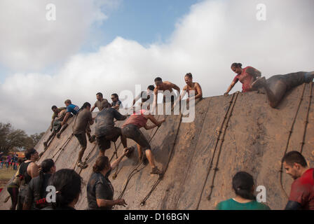 8 décembre 2012 San Antonio, Texas, USA - Les personnes à vaincre la 'corde une Dope' obstacle pendant le Gladiateur Rock'n courir à San Antonio. Banque D'Images