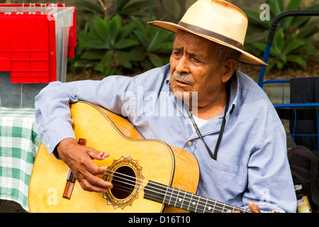 Homme mexicain qui joue de la guitare et le chant, le marché des fermiers dans "Santa Barbara", en Californie. Banque D'Images