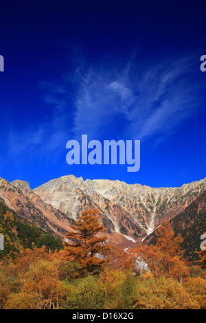 Les feuilles d'automne, arbres et ciel bleu au Mont Yakedake à Matsumoto, dans la préfecture de Nagano Banque D'Images