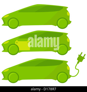 Trois voitures écologiques, vert avec bouchon et batterie. Banque D'Images