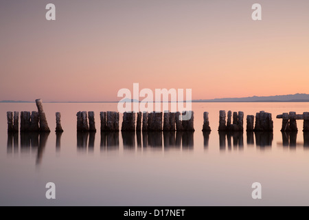 Ligne de postes à Salton Sea (Californie), au coucher du soleil sur une calme soirée d'automne. Banque D'Images