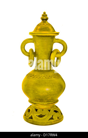 Antique gold pot en argile isolé sur fond blanc Banque D'Images