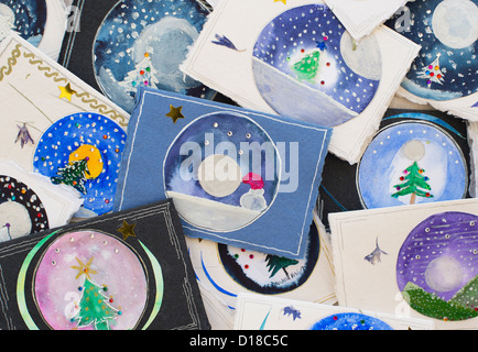 Peint à l'aquarelle à la main des cartes de Noël pour enfants Banque D'Images