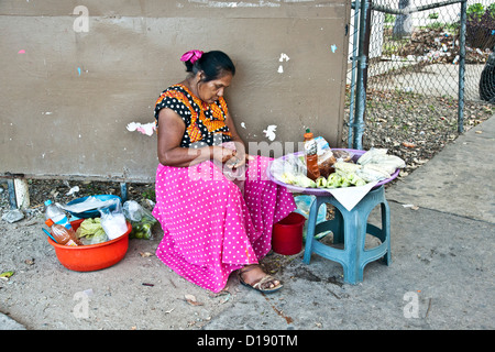 Vieille Femme vendeur d'aliments préparés dans des jupe chemisier & Polka Dot se trouve sur l'hymne à l'argent comptant La Crucecita Huatulco Banque D'Images