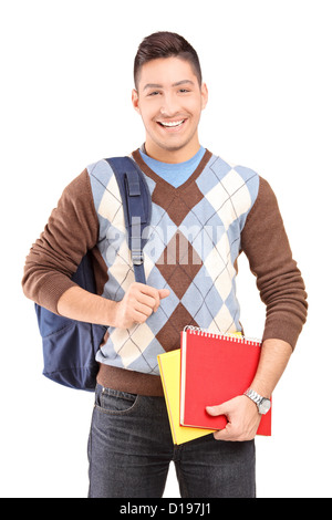 Un beau male student school bag holding books isolés contre fond blanc Banque D'Images