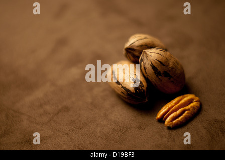 Une photographie de trois les pacanes dans le shell et un café ou sans coquille. Banque D'Images