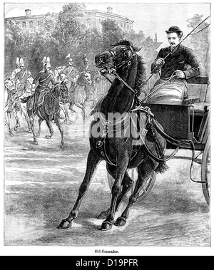 La gravure de l'époque victorienne d'un vieux cheval de cavalerie, maintenant tirant une calèche, reconnaissant son ancien partenaire stable, 1897 Banque D'Images