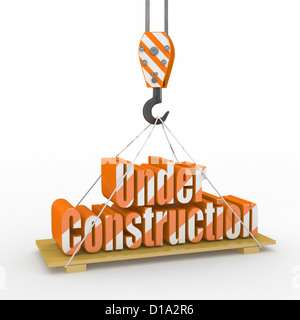 En Construction. Crane lève le texte sur fond blanc. 3d Banque D'Images