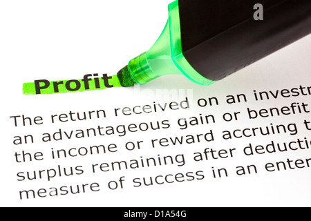 Définition du mot lucratif surligné en vert avec feutre Banque D'Images