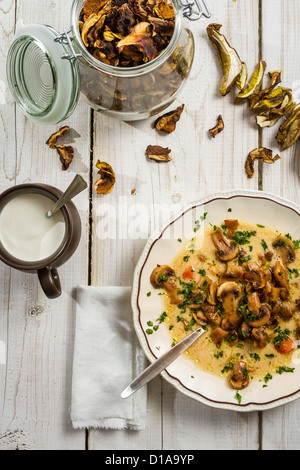 Soupe aux champignons des bois et séché Banque D'Images