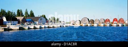 Malpeque Harbour, PEI, Prince Edward Island, Canada - Bateaux de pêche commerciale de poissons-appâts et bidonvilles (hangars), Vue Panoramique Banque D'Images