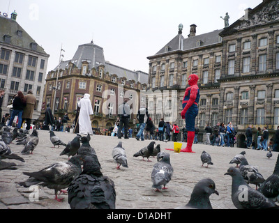 Amsterdam, Pays-Bas, entre pigeons Superman sur la place du Dam Banque D'Images