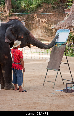 L'éléphant de peinture avec son cornac, Lampang, Thaïlande Banque D'Images
