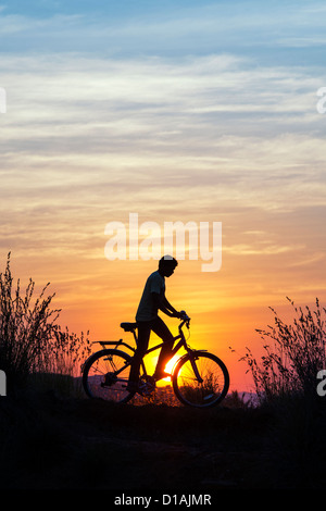 Indian boy riding bicycle parmi les graminées au coucher du soleil. Silhouette. L'Inde Banque D'Images