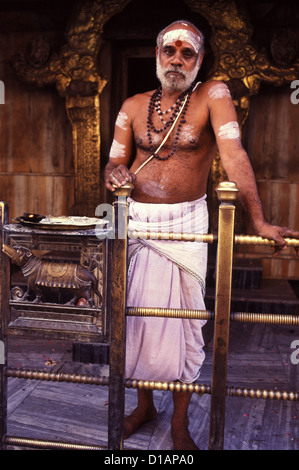 Prêtre hindou en costume traditionnel avec Tilaka face à la peinture religieuse du Temple de Kapaleeshwara à Madras Tamil Nadu Inde Banque D'Images