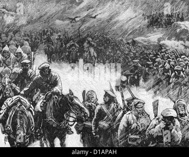 La guerre russo-turque 1877-1878. Les soldats russes traversant les Balkans en hiver Banque D'Images