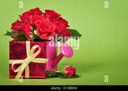 Bouquet de roses rouges dans un arrosoir rose avec boîte cadeau rouge sur fond vert. Banque D'Images