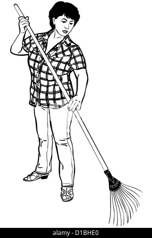 Un croquis de femme d'agriculteur avec râteaux dans les mains Banque D'Images