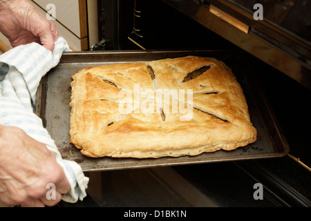 Femme âgée Accueil de cuisson en tenant une délicieuse pâtisserie tarte du four Banque D'Images