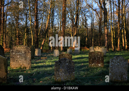 Vue d'un cimetière avec les Cris des bois en hiver à Oxnead, Norfolk, Angleterre, Royaume-Uni. Banque D'Images