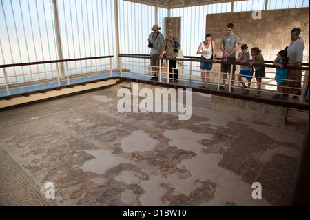 Affichage des visiteurs l'mosaïques dans la salle de réception de la maison d'Aion Paphos Pafos Chypre Archaeological Park Banque D'Images