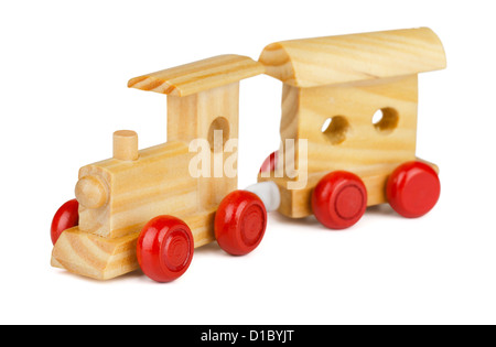 Petit train en bois isolé sur blanc Banque D'Images