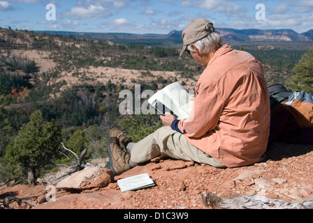 Randonneur navigation par GPS et carte dans la Montagnes Abajo, Utah. Banque D'Images