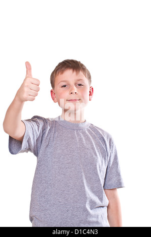 Teen garçon montre cool hand sign on a white background Banque D'Images