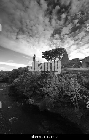 Le noir et blanc vue panoramique des ruines de Barnard Castle, Barnard Castle town, Upper Teesdale, comté de Durham, Angleterre, Grande-Bretagne, Royaume-Uni Banque D'Images