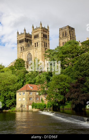 Cathédrale de Durham et le vieux moulin à foulon sur la rivière Wear, County Durham, Angleterre. Banque D'Images