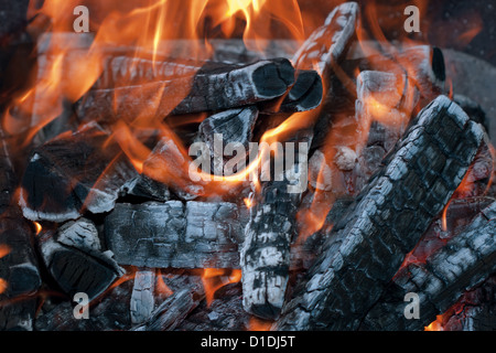 Milieu d'un feu de bois avec des flammes et des braises rougeoyantes, Close up Banque D'Images