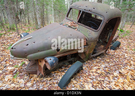 Abandonné 1940 International Harvester rouillé avec ramasseur de balles dans la forêt près de l'étang de coude à Woodstock, New Hampshire Banque D'Images