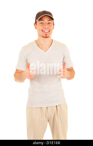 Happy smiling worker montre thumb up signe par deux mains. Isolé sur fond blanc. Banque D'Images