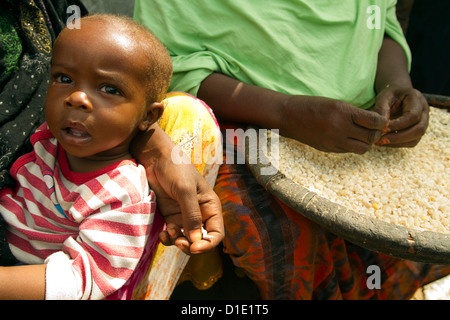 Des réfugiés somaliens femmes battre les semences de maïs distribué au titre de l'aide alimentaire en Somalie Mogadiscio Banque D'Images