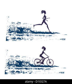 Silhouette de coureurs de marathon et course cycliste - abstract background Banque D'Images