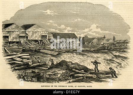 1854 gravure, moulins à scie sur la rivière Penobscot, dans la vieille ville, dans le Maine. Banque D'Images